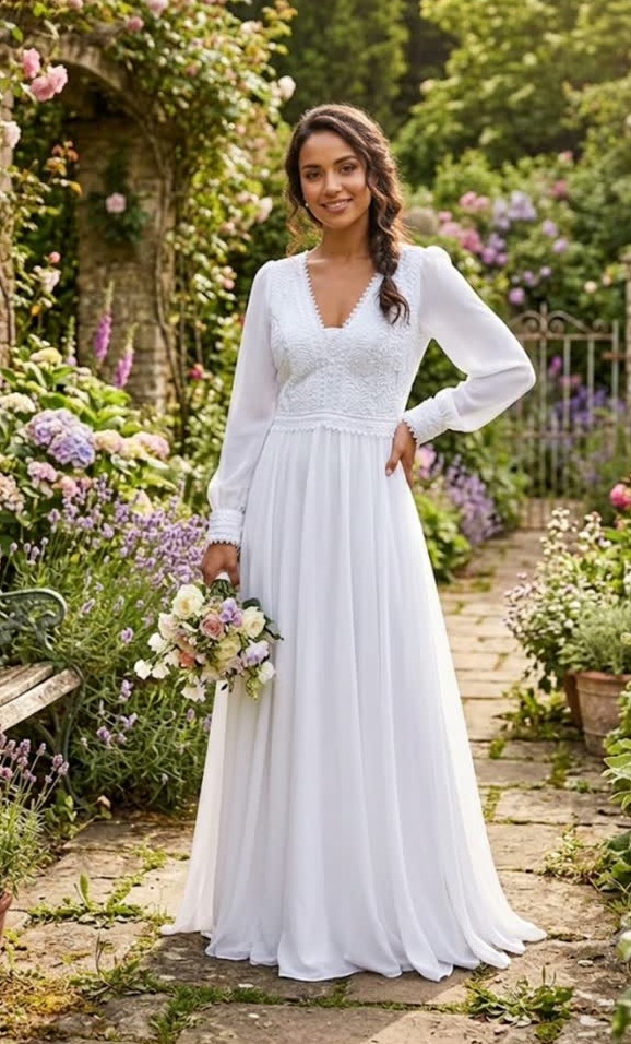 Vestido branco em jardim