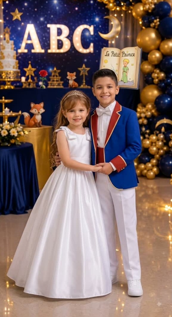 Menino com terno azul e menina com vestido branco