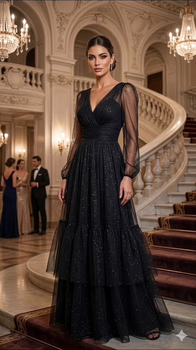 Vestido longo preto com mangas em tule