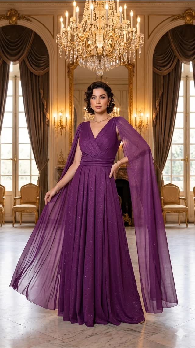Vestido longo roxo com capa