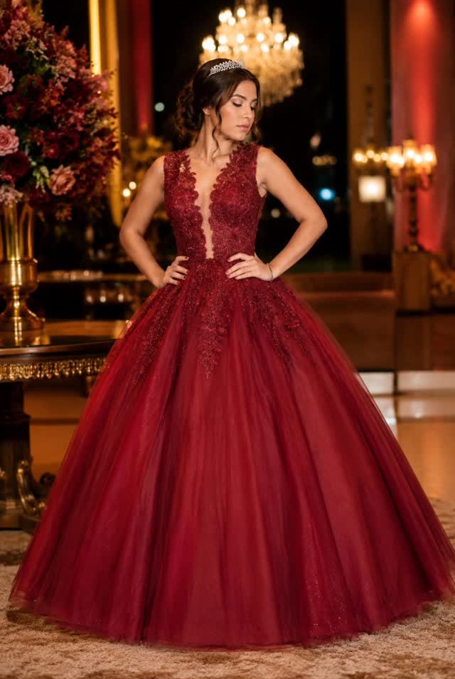Vestido longo vermelho com saia volumosa